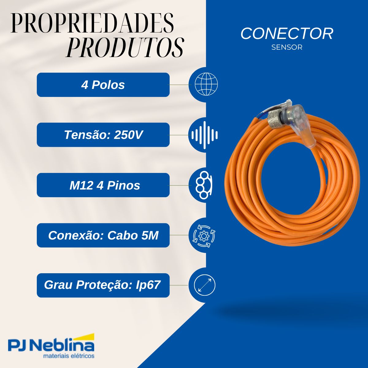 Conector Sensor C/Cabo Femea Angular 4 Polos 250V M12 4 Pinos Cabo 5M C/Led - Metaltex