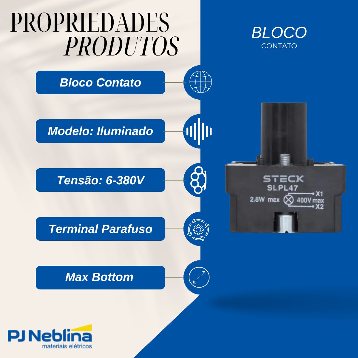 Bloco Contato Iluminado P/Botão/Sinaleiro 6-380V - Steck