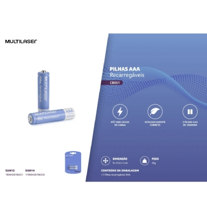 Pilha Recarregável Palito AAA 1000Mah Cartela Com 2 Unidades - Multilaser