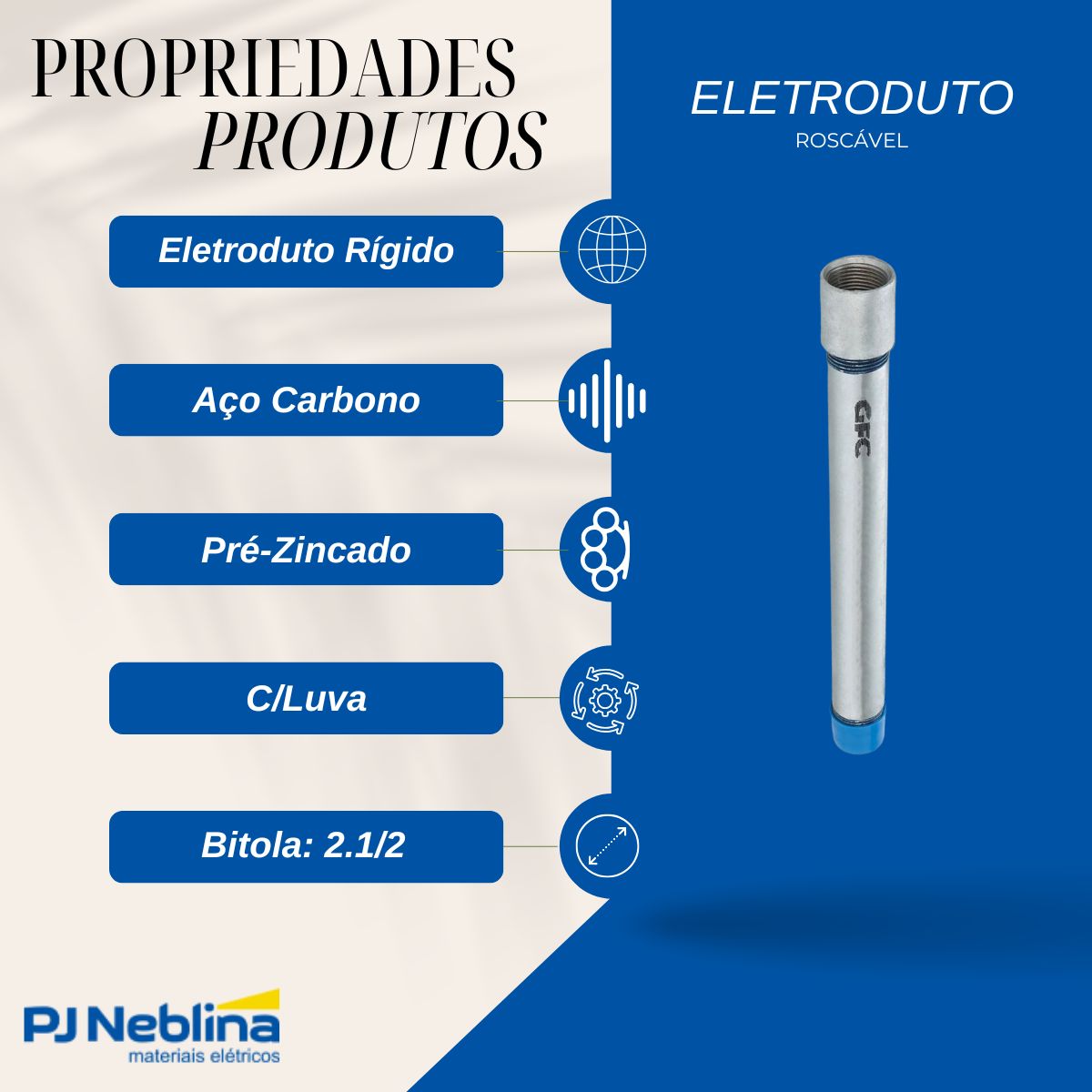 Eletroduto Aço Carbono Roscável Médio 2.1/2 Pré-Zincado Nbr 13057 (Br C/3M) P=1,11Mm Tppt C/Luva - Eletroduto/Est