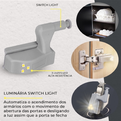 Kit 2 Luminárias Led De Dobradiças Switch Light Para Armário Mini Cinza 12V 3000K Luz Amarela - Bronzearte