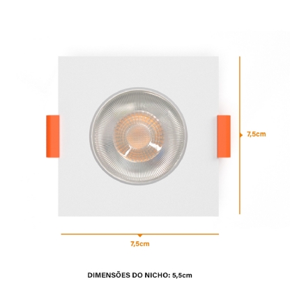 Luminária Spot Led Embutir Quadrado Branco 3W Bivolt 6500K Luz Branca 270Lm Difusor Acrílico Transparente - Bronzearte