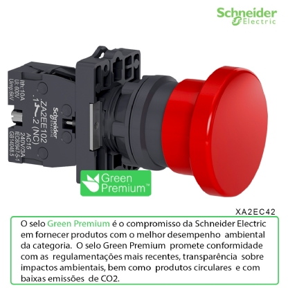 Botão Emergência Cogumelo 40mm Pulsador 22mm Plástico Vermelho 1Nf XA2EC42 - Schneider Electric