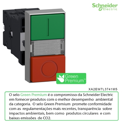Botão Comando Pulsador Faceado Iluminado 22mm Verde/Vermelho Led 220V XA2EW7L3741M5 - Schneider Electric