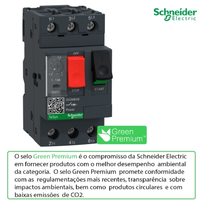 Disjuntor Motor Tripolar Termomagnético 1,6A 1-1,6A 400/415V 100Ka 400/415V 50/60Hz GV2ME06 - Schneider Electric