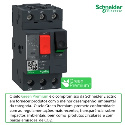 Disjuntor Motor Tripolar Termomagnético 18A 13-18A 400/415V 100Ka 400/415V 50/60Hz GV2ME20 - Schneider Electric