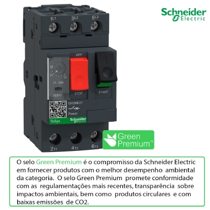 Disjuntor Motor Tripolar Termomagnético 23A 17-23A 400/415V 100Ka 50/60Hz GV2ME21 - Schneider Electric