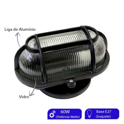 Luminária Tartaruga Oval Tgvp Preto 60W E27 Difusor Vidro Com Grade Ip22 - Fm Lustre