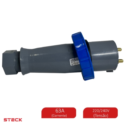 Plug Macho Termoplástico 3P+T 63A 220/240V Azul 9H Ip67 Brasikon S4579 - Steck