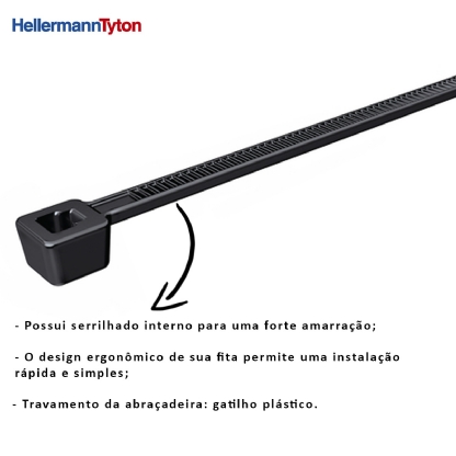 Abraçadeira Flexível Nylon 200x2,5x3,9mm Preto Standart Embalagem Com 500 Peças Série T - Hellermann