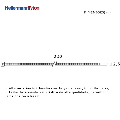 Abraçadeira Flexível Nylon 200x2,5x3,9mm Preto Standart Embalagem Com 500 Peças Série T - Hellermann