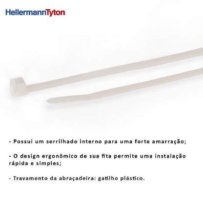 Abraçadeira Flexível Poliamida 200x2,5mm Natural Standart Embalagem Com 500 Peças Série T - Hellermann