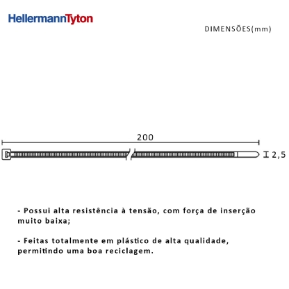Abraçadeira Flexível Poliamida 200x2,5mm Natural Standart Embalagem Com 500 Peças Série T - Hellermann