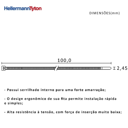 Abraçadeira Flexível Poliamida 100x2,5x3,7mm Natural Embalagem Com 100 Unidades Série T - Hellermann