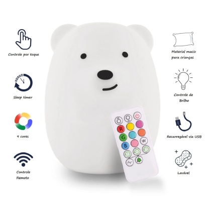 Luminária Abajur LED Urso Grande 9 Cores Entrada Usb - Pet Light