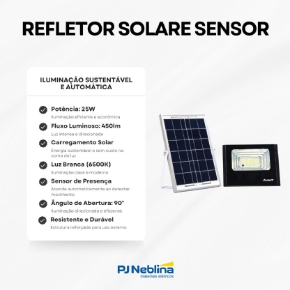 Refletor Solare Led Com Sensor Preto 25W Luz Branca 450Lm - Avant