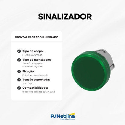 Sinalizador Frontal Faceado Iluminado 22mm Metálico Led Verde - Schneider
