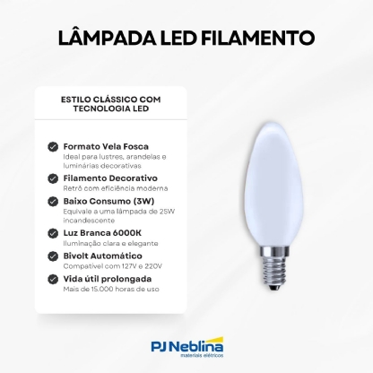Lâmpada Led Filamento Vela 3W Bivolt E14 6000K Luz Branca - Ourolux