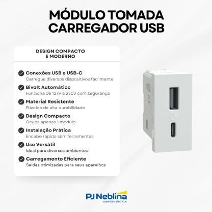 Módulo Carregador 2 Entradas USB e USB-C Bivolt - Schneider