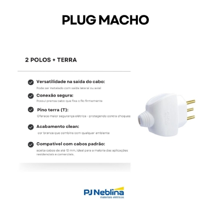 Plug Macho 10A 250V Branco Lateral/Axial Com Prensa Cabo - Pial