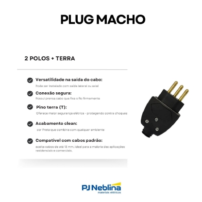 Plug Macho 10A 250V Preto Lateral/Axial Com Prensa Cabo - Pial