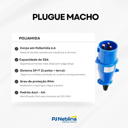 Plug Industrial Macho Poliamida 2P+T 32A 200/250V 6H 6.6 Azul Newkon N3276 - Steck