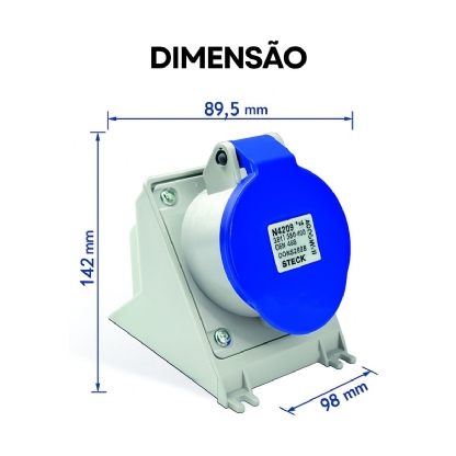 Tomada Industrial Femea Sobrepor 3P+T 32A 200/250V Azul 9H Ip44 Steck