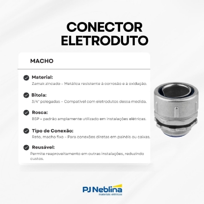 Conector Eletroduto Macho Reusável Zamak Zincado 3/4 Polegadas Rosca Bsp Reto Fixo Ip54 - Ekoflex