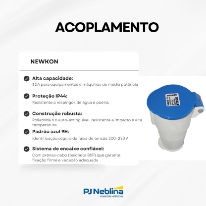 Tomada Industrial Fêmea Acoplamento 3P+T 32A 220/240V 9H Azul Newkon N4259 - Steck
