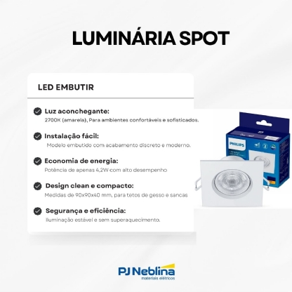 Luminária Spot Led Embutir Quadrada 4,2W Bivolt 2700K Luz Amarela - Philips