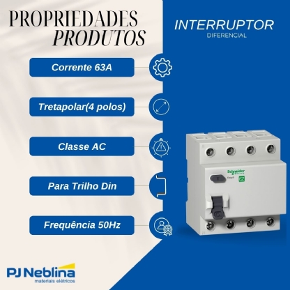 Interruptor Diferencial Residual Tetrapolar 63A 30Ma 400V Tipo Ac EZ9R33463 - Schneider Electric