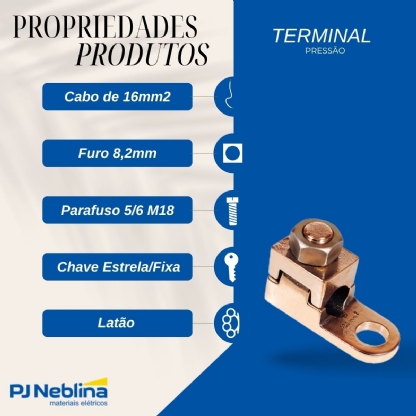 Terminal Pressão 1 Cabo 16mm 1 Furo F=8,2mm 5/16 M8 Intelli