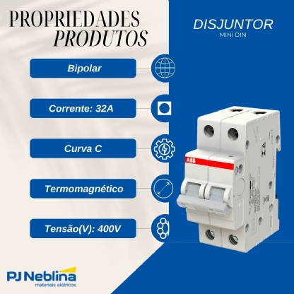 Disjuntor Mini Din Bipolar 32A Curva C Termomagnético 6Ka 400V 50/60Hz Ip20 - Abb