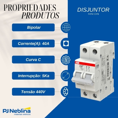 Disjuntor Mini Din Bipolar 40A Curva C 5ka 440V - Abb