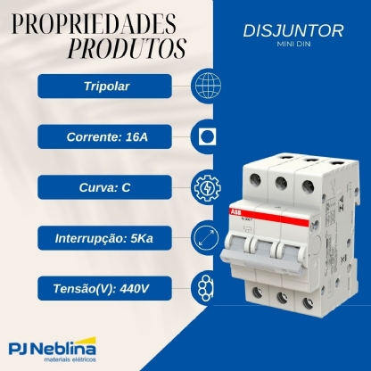 Disjuntor Mini Din Tripolar 16A Curva C 5Ka 440V Abb