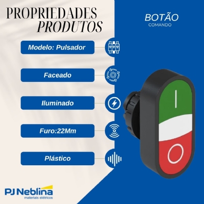 Botão Comando Duplo Pulsador Faceado Iluminado Redondo 22Mm Plástico Verde/Vermelho 1Na+1Nf Led 220V (I/O) - Weg