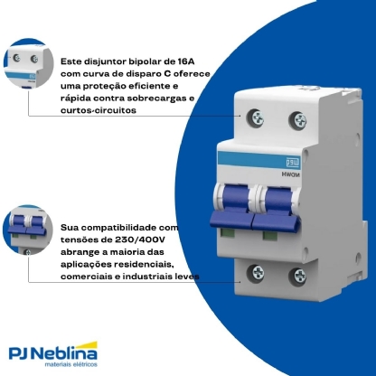 Disjuntor Mini Din Bipolar 16A Curva C 10Ka 230/400V - Weg