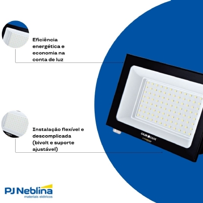Luminária Refletor Led Retangular Sobrepor Preto 50W Bivolt 6500K Branco Frio 3375Lm Difusor Vidro Temperado 110G C/Sensor Luminosidade Ip65 - Ourolux