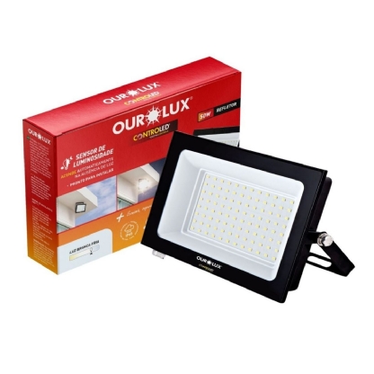 Luminária Refletor Led Retangular Sobrepor Preto 50W Bivolt 6500K Branco Frio 3375Lm Difusor Vidro Temperado 110G C/Sensor Luminosidade Ip65 - Ourolux