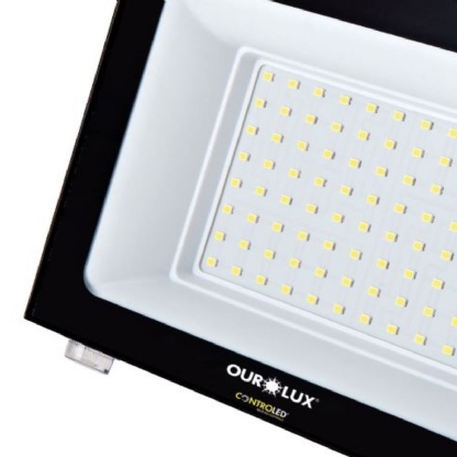 Luminária Refletor Led Retangular Sobrepor Preto 50W Bivolt 6500K Branco Frio 3375Lm Difusor Vidro Temperado 110G C/Sensor Luminosidade Ip65 - Ourolux