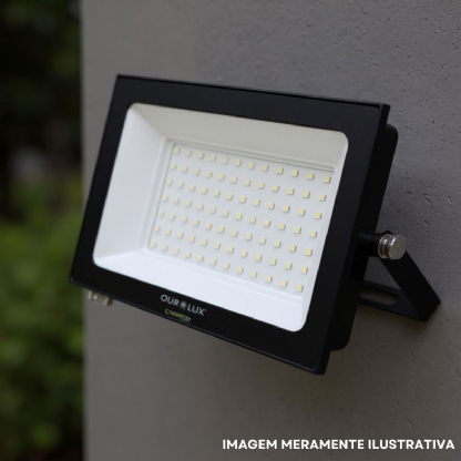 Luminária Refletor Led Retangular Sobrepor Preto 50W Bivolt 6500K Branco Frio 3375Lm Difusor Vidro Temperado 110G C/Sensor Luminosidade Ip65 - Ourolux