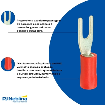 Terminal Forquilha 0,50-1,50Mm (22-16Awg) Pré-Isolado Vermelho F=3Mm 1/8 (M3) - 100 Unidades