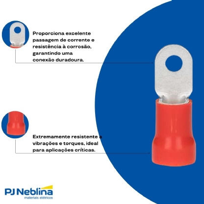 Terminal Olhal 10Mm (8Awg) Pré-Isolado Vermelho 1 Furo F=5Mm 3/16 (M5) - Axt