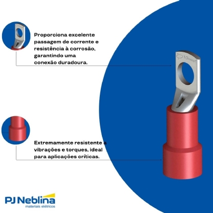 Terminal Olhal 10Mm (8Awg) Pré-Isolado Vermelho 1 Furo F=8Mm 5/16 (M8) - 100 Unidades - Intelli