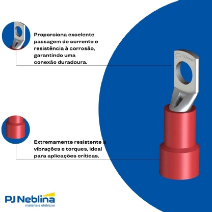 Terminal Olhal Tubular 10Mm (8Awg) Pré-Isolado Vermelho 1 Furo F=6,5Mm 1/4 (M6) - Intelli - 100 Unidades