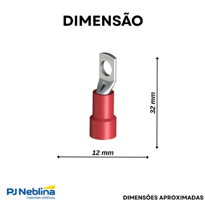 Terminal Olhal Tubular 10Mm (8Awg) Pré-Isolado Vermelho 1 Furo F=6,5Mm 1/4 (M6) - Intelli - 100 Unidades