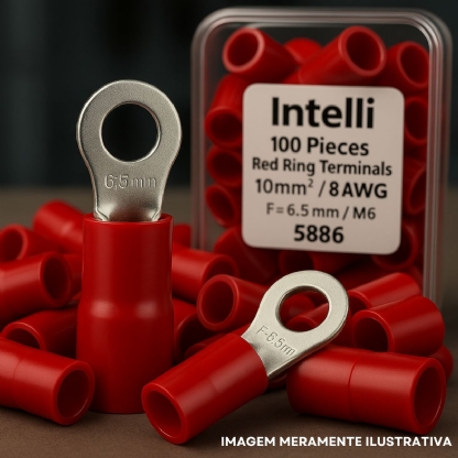 Terminal Olhal Tubular 10Mm (8Awg) Pré-Isolado Vermelho 1 Furo F=6,5Mm 1/4 (M6) - Intelli - 100 Unidades