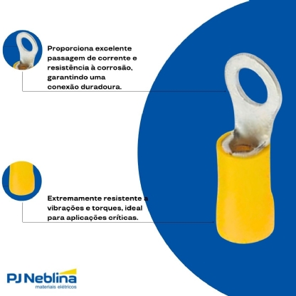 Terminal Olhal 4,00-6,00Mm (12-10Awg) Pré-Isolado Amarelo 1 Furo F=6Mm 1/4 (M6) - Magnet - 100 Unidades