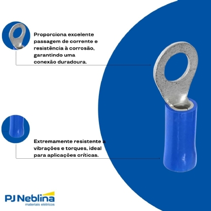 Terminal Olhal 16Mm (6Awg) Pré-Isolado Azul 1 Furo F=6Mm 1/4 (M6) - Axt - 100 Unidades