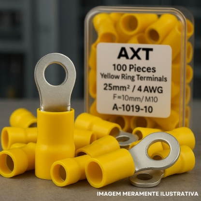 Terminal Olhal 25Mm (4Awg) Pré-Isolado Amarelo 1 Furo F=6Mm 1/4 (M6) - Axt - 100 Unidades